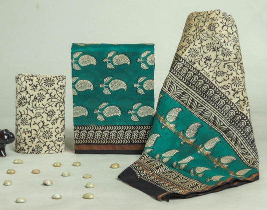 Royal Lady Seagreen Bagru hand block printed Chanderi silk suit set with pure Chanderi silk dupatta and cotton bottom by Rihyaaz.