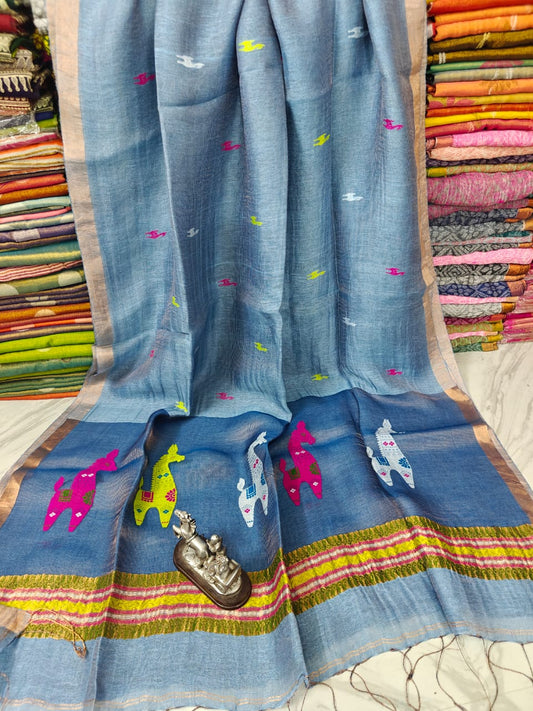 Terracotta Linen Silk Saree with intricate Resham woven palla by Rihyaaz, premium handwoven ethnic saree featuring elegant craftsmanship, soft drape, and timeless festive wear for women