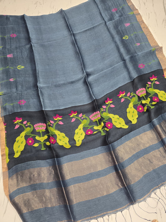 Keka pure silk linen saree with elegant muslin pallu, running blouse piece and Handloom Mark by Rihyaaz