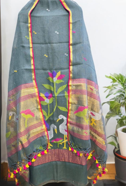 Kora Jayshree pure linen handwoven Jamdani kurti and dupatta set by Rihyaaz, featuring premium-quality traditional Indian handloom weaving.