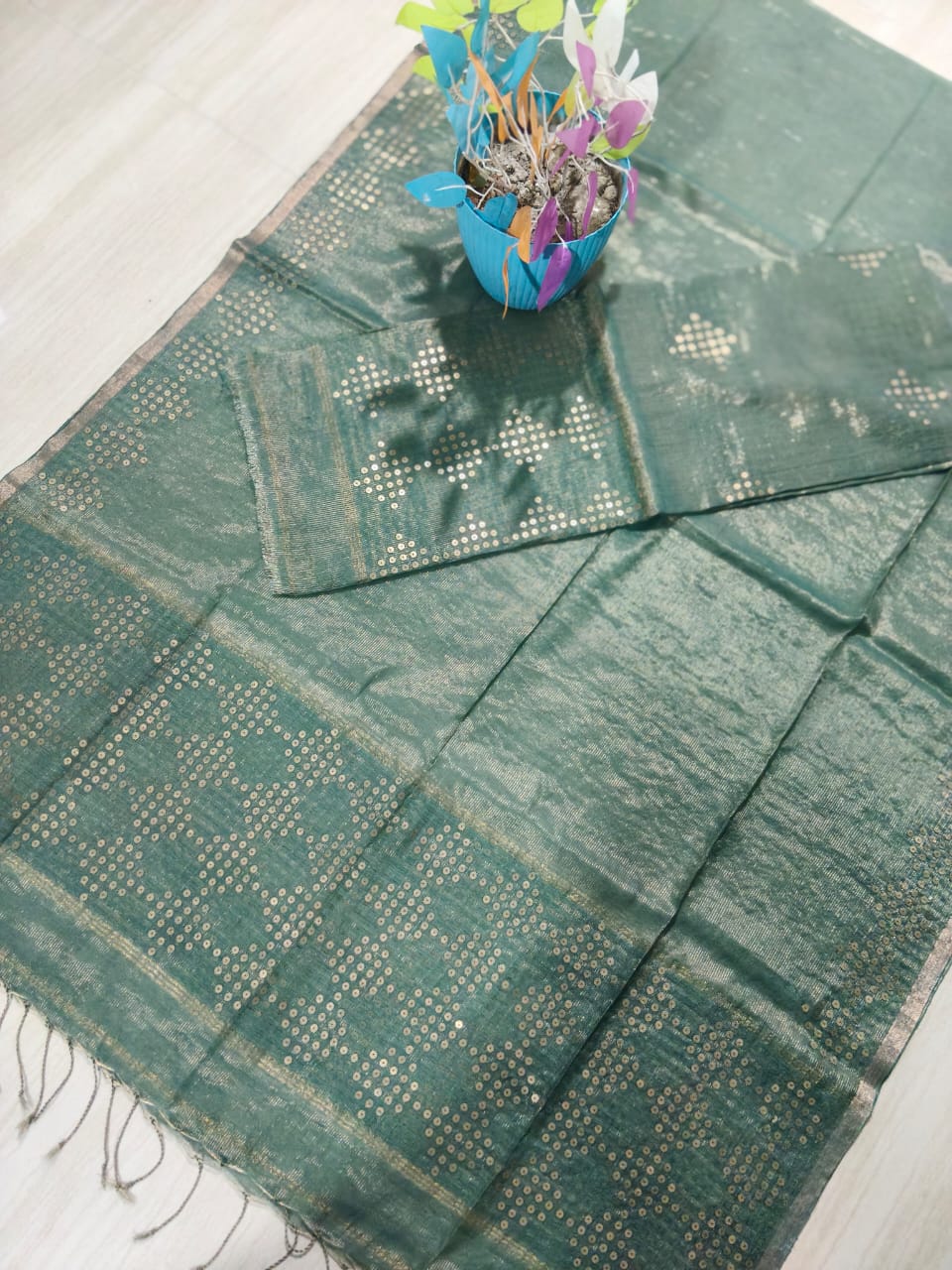 Sharmila linen tissue silk suit with intricate sequin diamond weave & Dupatta by Rihyaaz