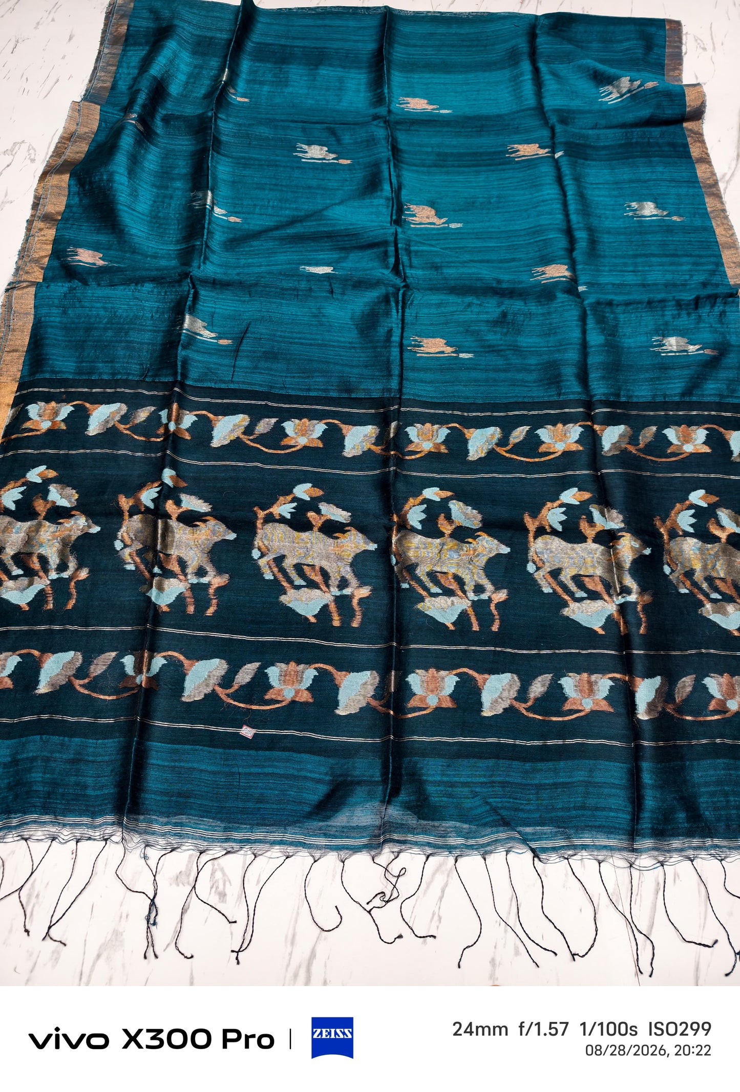 Godhuli Teal Blue Pure Resham Matka silk saree with Sona Rupa Pichwai-inspired pallu, Silk Mark certified, by Rihyaaz.