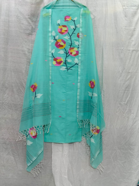 Poppy Mul cotton handloom suit with beautiful floral motifs, woven in soft Mulcotton Tantuj fabric by Rihyaaz.