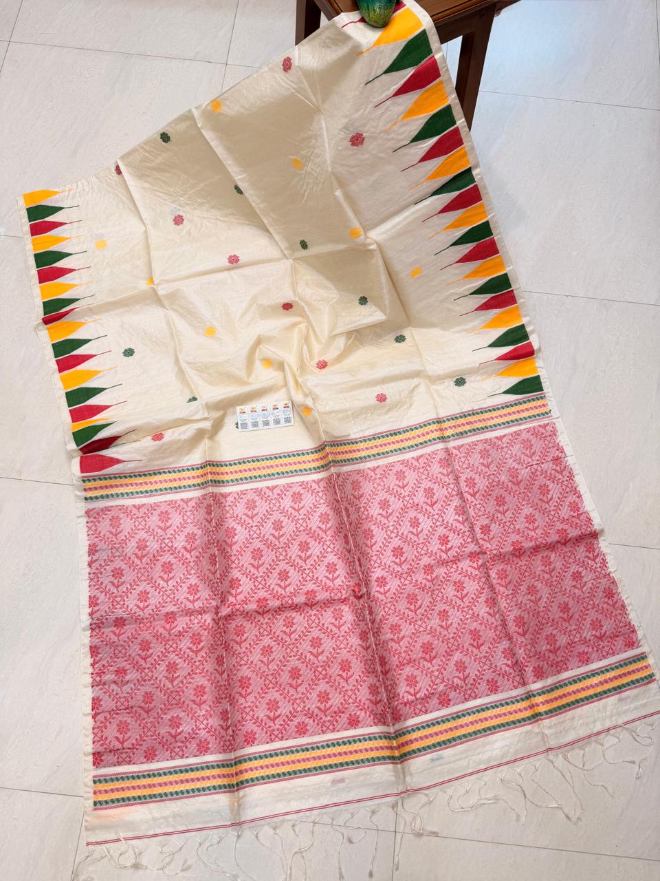 Authentic Pure Bengal Gachhi Tussar 3-Ply Traditional Jamdani Handloom Saree by Rihyaaz with running blouse piece and Government Silk Mark Tag.