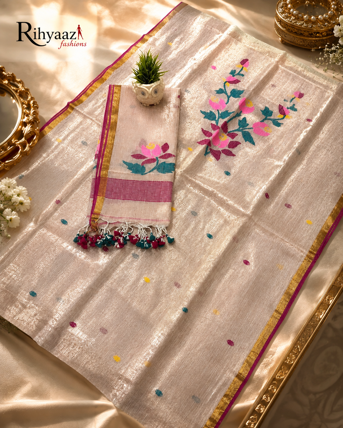 Swarna linen tissue needle-weaved Jamdani suit by Rihyaaz featuring intricate traditional handwoven detailing and elegant festive texture.