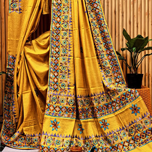 Satrangi Pure Handloom Raga Tissue Saree with handcrafted Kathiyawadi embroidery by Rihyaaz, luxury festive handwoven ethnic saree.