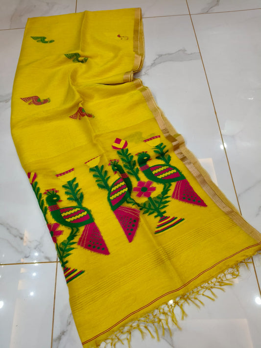 Mayur yellow pure Jayasree linen tissue saree with pure tested zari and Paithani Jamdani work, featuring a running blouse piece by Rihyaaz.