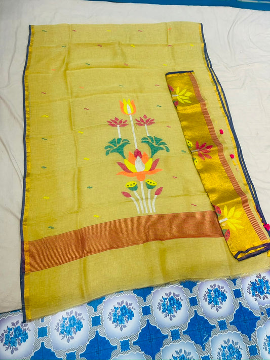 Linen Jamdani suit set by Rihyaaz featuring 2.5 metre top fabric and dupatta, showcasing elegant traditional Jamdani weaving and handcrafted ethnic design.