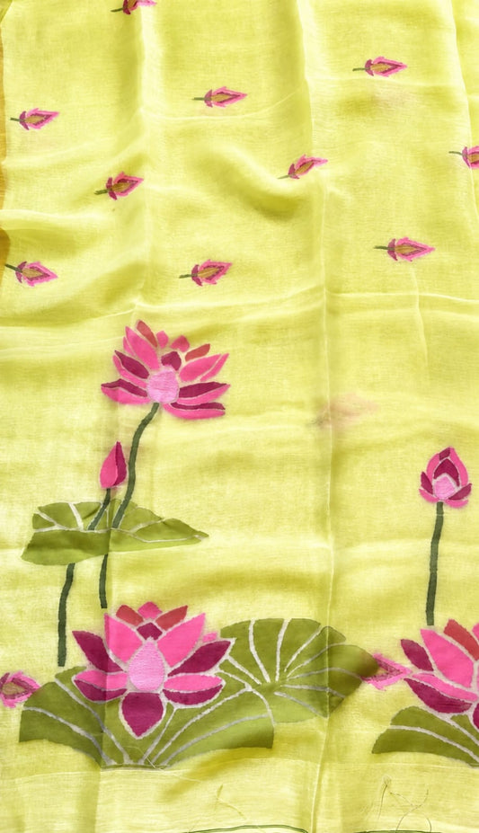 Sushma yellow Pure Silk Jayashree Linen Saree by Rihyaaz featuring handwoven lotus needlework on premium Jayashree linen with pure silk. An elegant dyeable handloom saree ideal for weddings, festive celebrations, cultural events, and luxury ethnic wear.