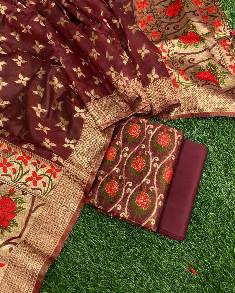 Meenakari Benarasi Golden Zari Suit 3Pc | Luxury Ethnic Wear
