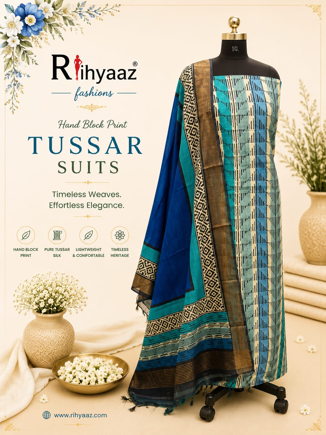 Shringar Handblock Printed Tussar Suit with Zari Border Dupatta