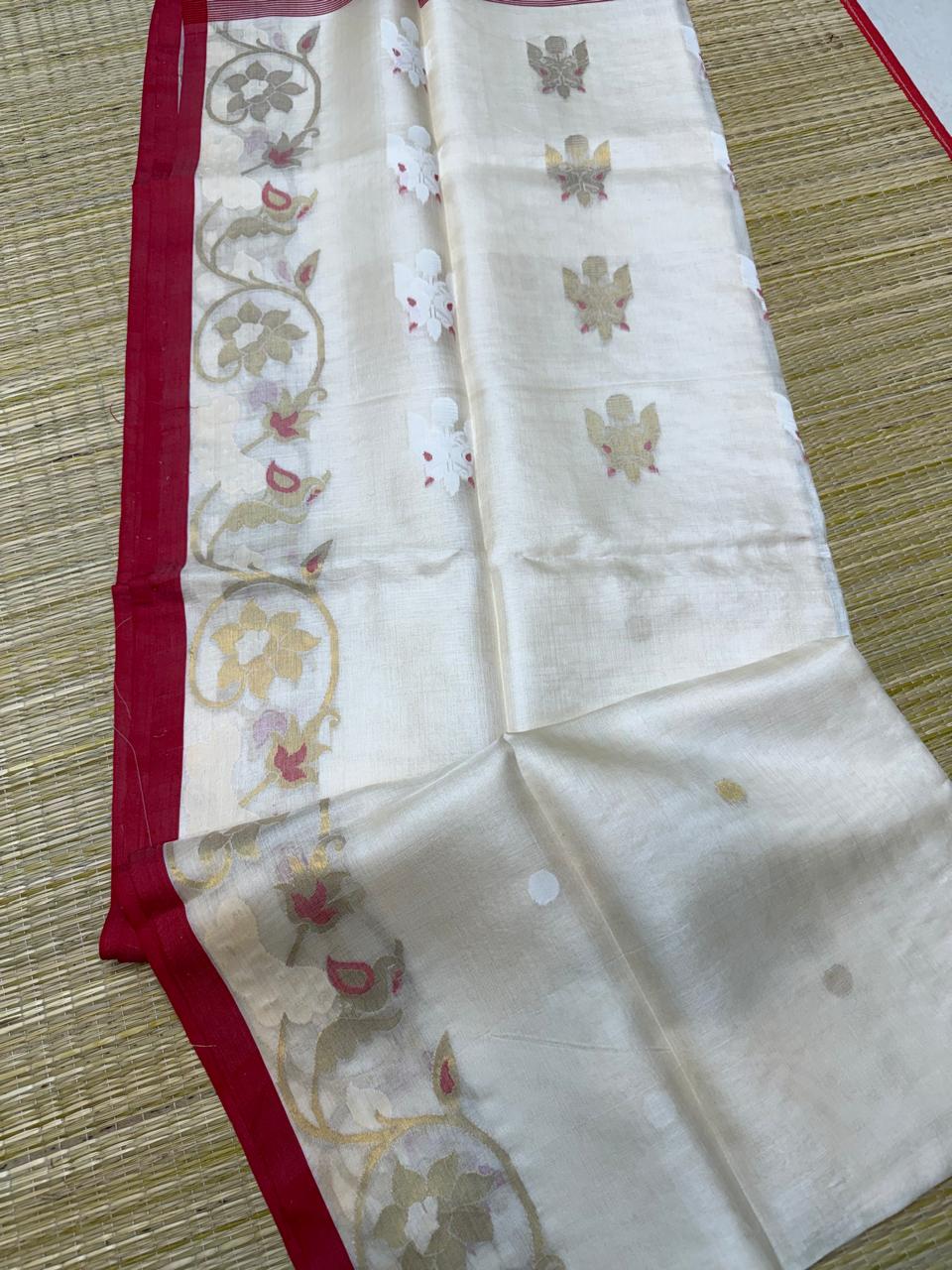 Sourja White Exclusive pure Gachhi Tussar silk Jamdani saree with all-over buti motifs, unique PL weaving and Silk Mark tag by Rihyaaz Fashions.