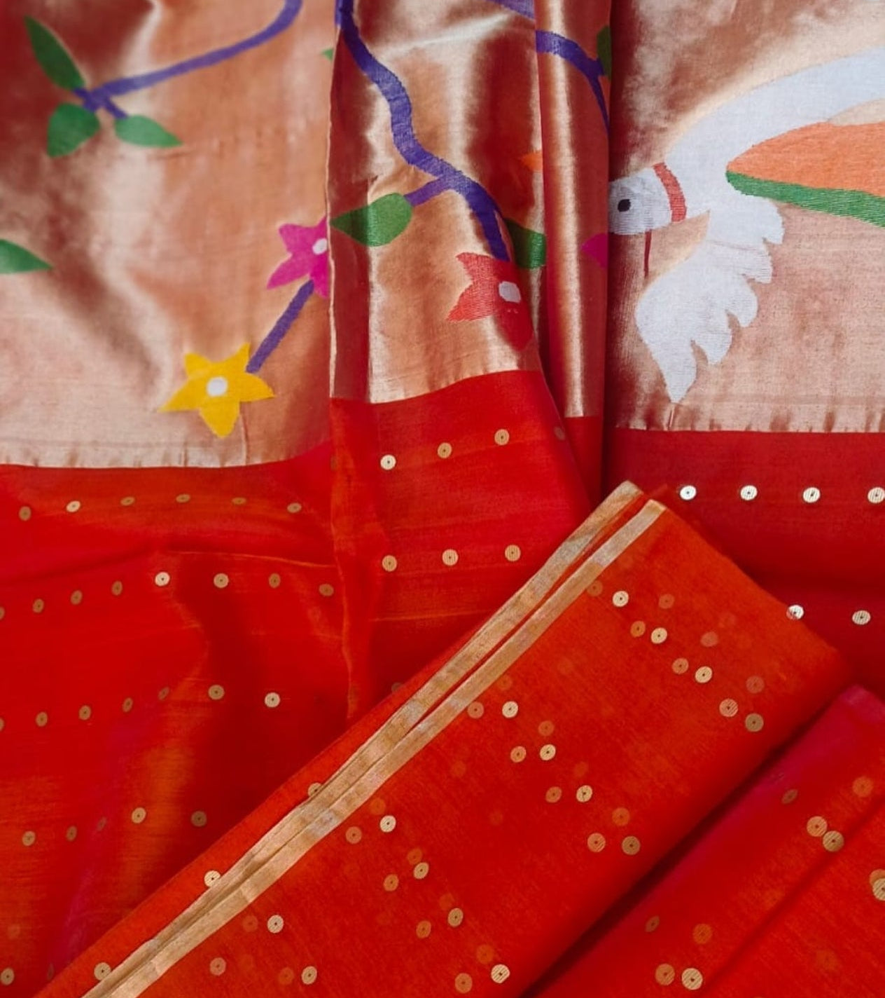 Goonj brass sequin embedded resham paithani saree