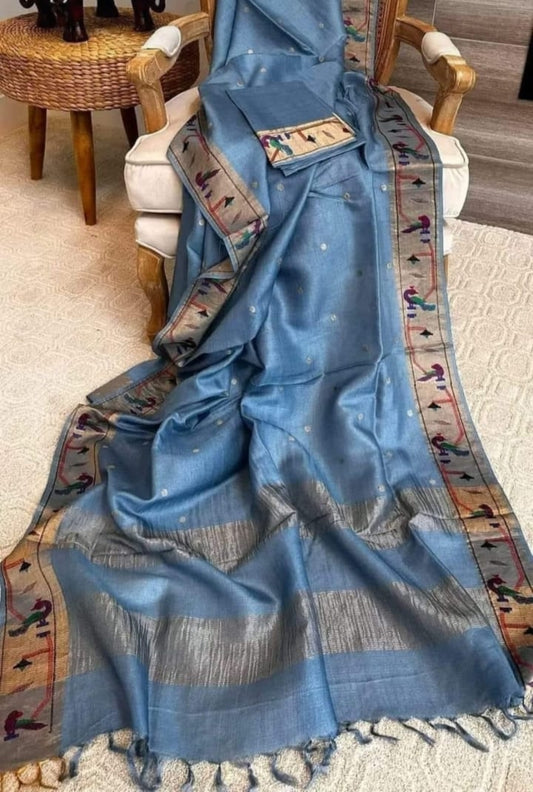 Pure Handloom Tussar Silk Suit - Exquisite Embroidery Border | Premium Weave | Silk Mark Certified