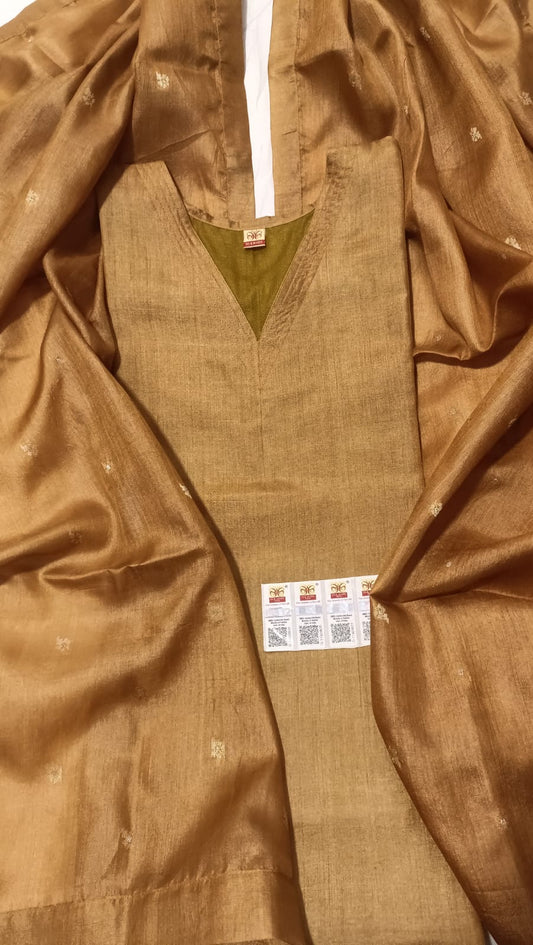 Pure Tussar Silk Handwoven Dress Material Set | Semi-Stitched Kurta with Handwoven Tussar Dupatta