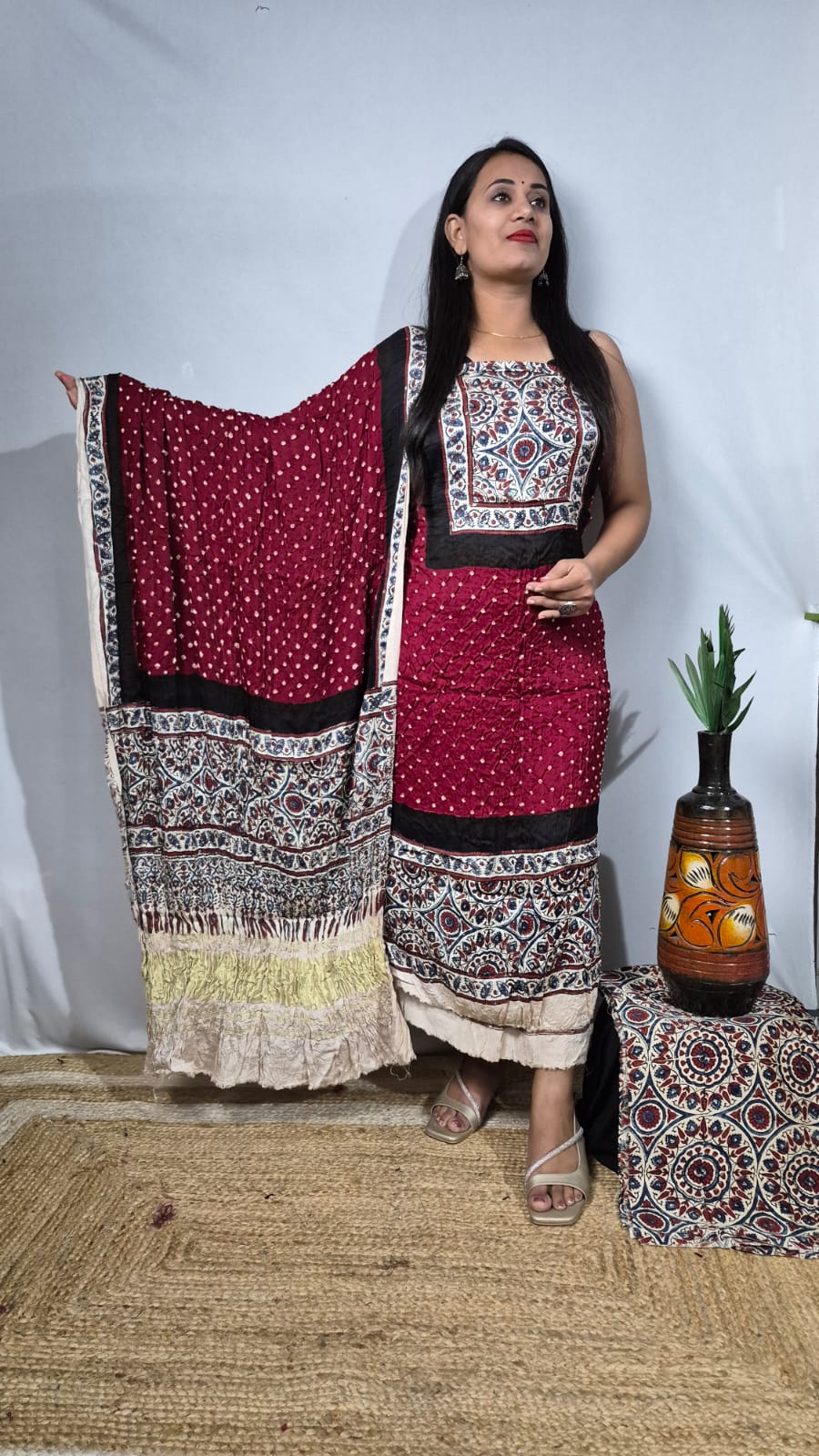 Modal Silk Ajrakh Bandhani 3-Piece Suit Set