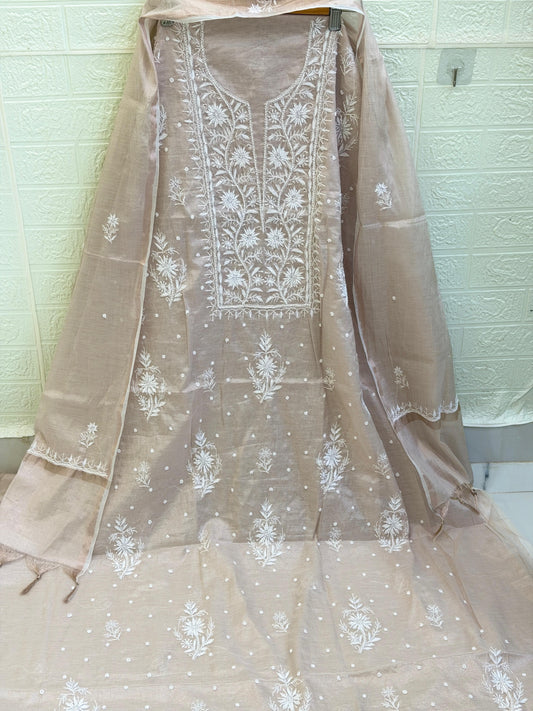 Fabric Rose Gold Tissue Chanderi Suit Set | Chikan Fine Work | Pearl & Cutdana Detailing | Dyeable Fabric