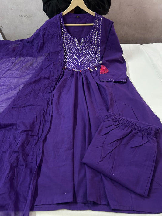 Cotton Embroidered Kurta Set | 3-Piece Suit with Mul Dupatta & Fine Cotton Pant