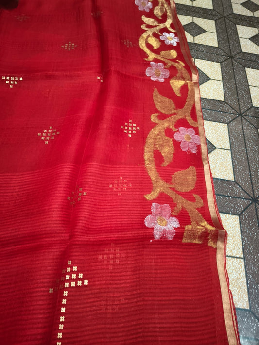Maan pure premium Resham saree with needle tissue Jamdani work, brass sequin pallu and running blouse piece by Rihyaaz