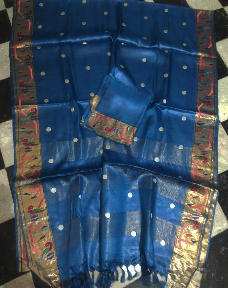 Pure Handloom Tussar Silk Suit - Exquisite Embroidery Border | Premium Weave | Silk Mark Certified