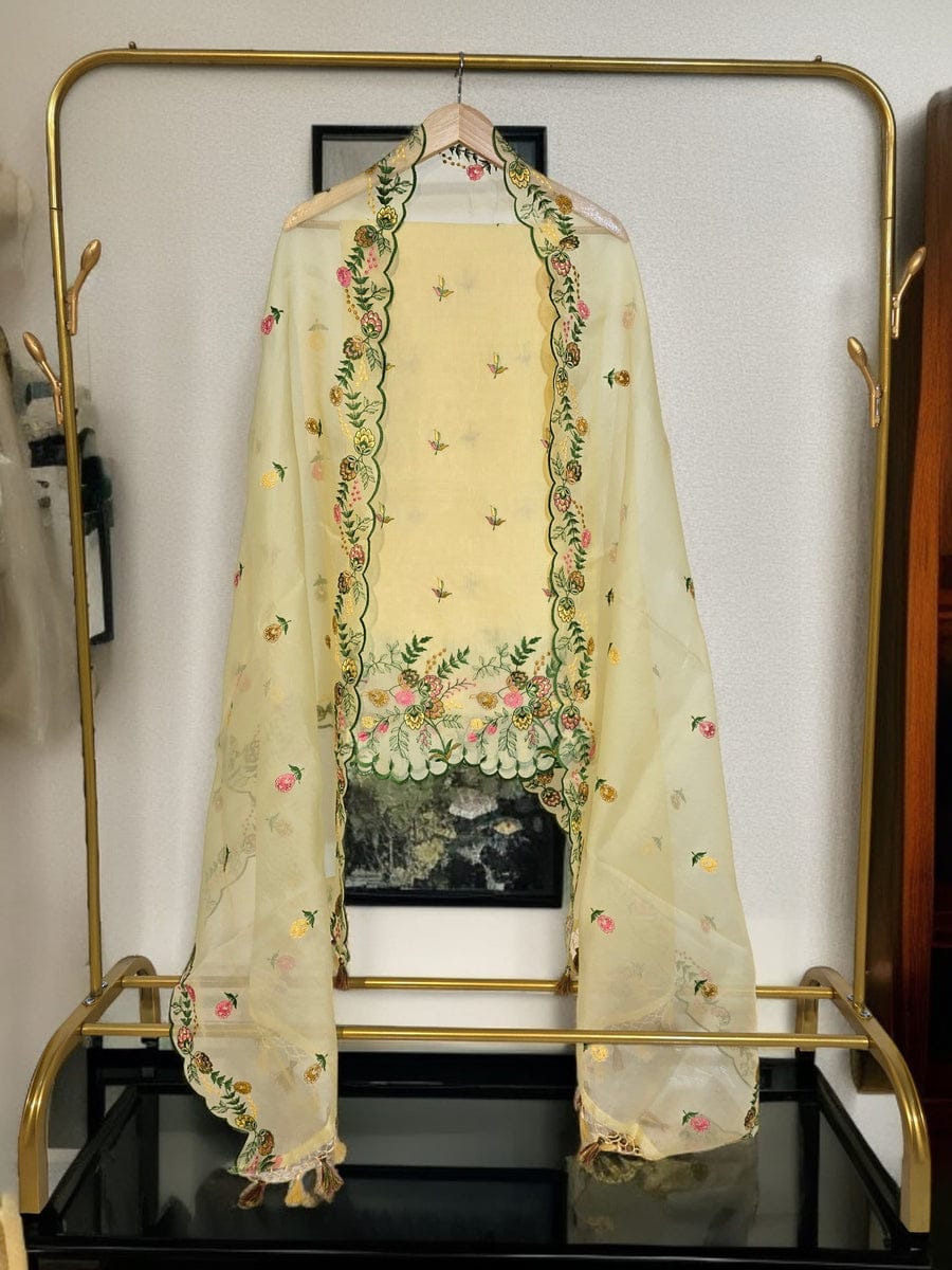 Banarasi Unstitched Salwar Kameez with Dupatta – Premium Organza Silk Embroidery Suit Set