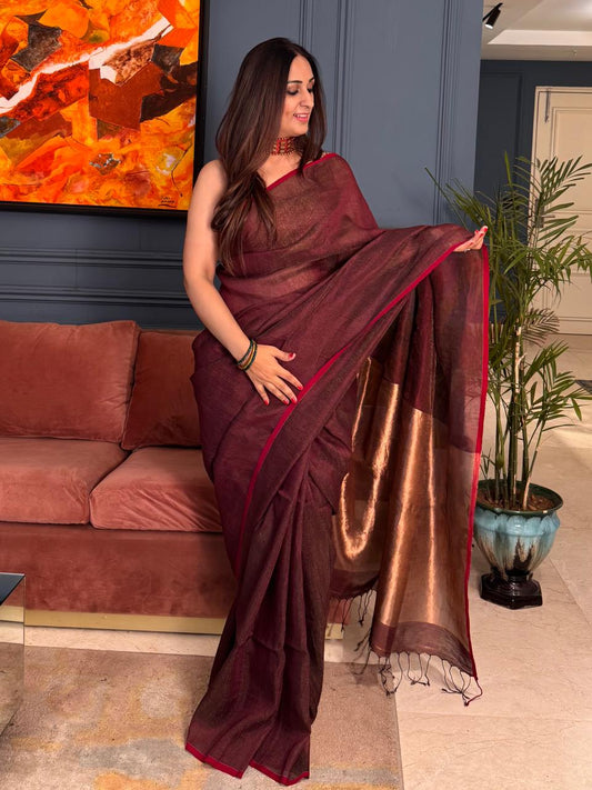 Pure Linen Saree with Rich Zaree Palla | Lightweight & Elegant