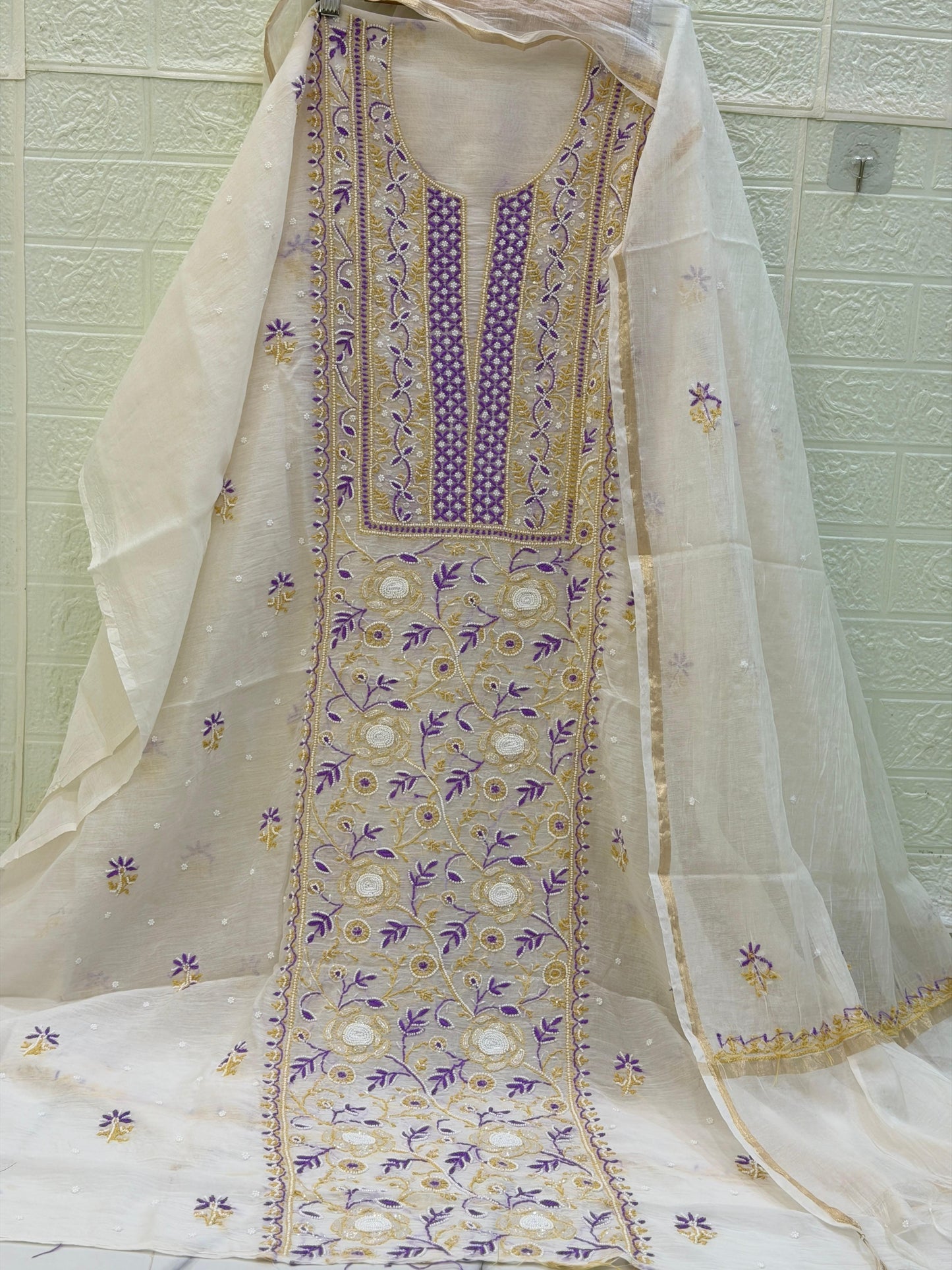 Fabric Mul Mul Chanderi Suit Set – Kurta & Dupatta | Chikan Fine Work | Colour Thread Embroidery | Pearl & Cuttdhana Detailing | Dyeable Fabric