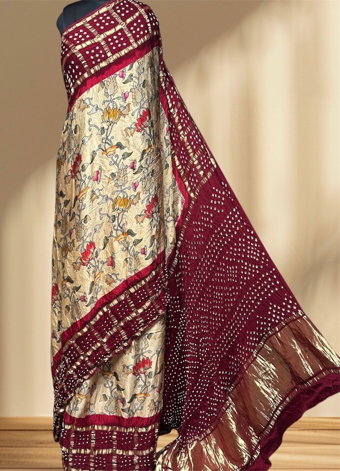 Kalamkari Bandhej Modal Silk Saree with Heavy Tissue Pallu | Digital Print Natural Dye |