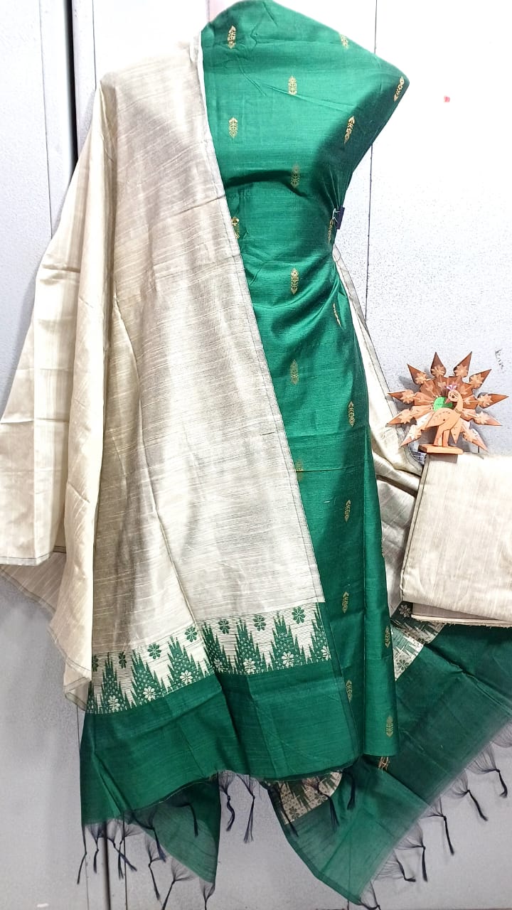 Semi Raw Silk Buta Design Unstitched Dress Material Set