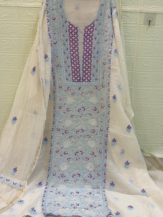 Fabric Mul Mul Chanderi Suit Set – Kurta & Dupatta | Chikan Fine Work | Colour Thread Embroidery | Pearl & Cuttdhana Detailing | Dyeable Fabric