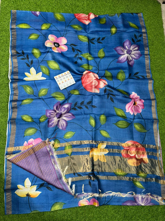 Pure Handloom Tussar Silk – Digital Print & Hand-Painted Saree (Silk Mark Certified)