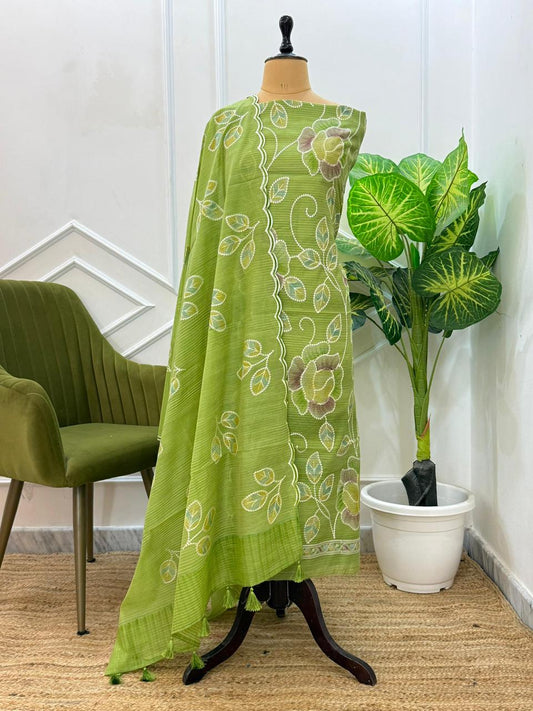 Exclusive Banarasi Unstitched Salwar Kameez in Pure Mercerised Kota Check with Embroidery Dupatta