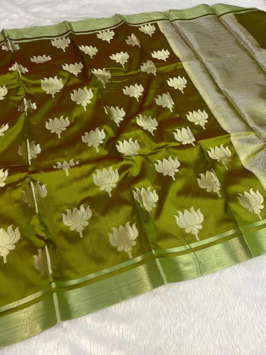 Handloom Semi Katan Silk Saree – Fancy Lotus Border | Banarasi Weaving Saree