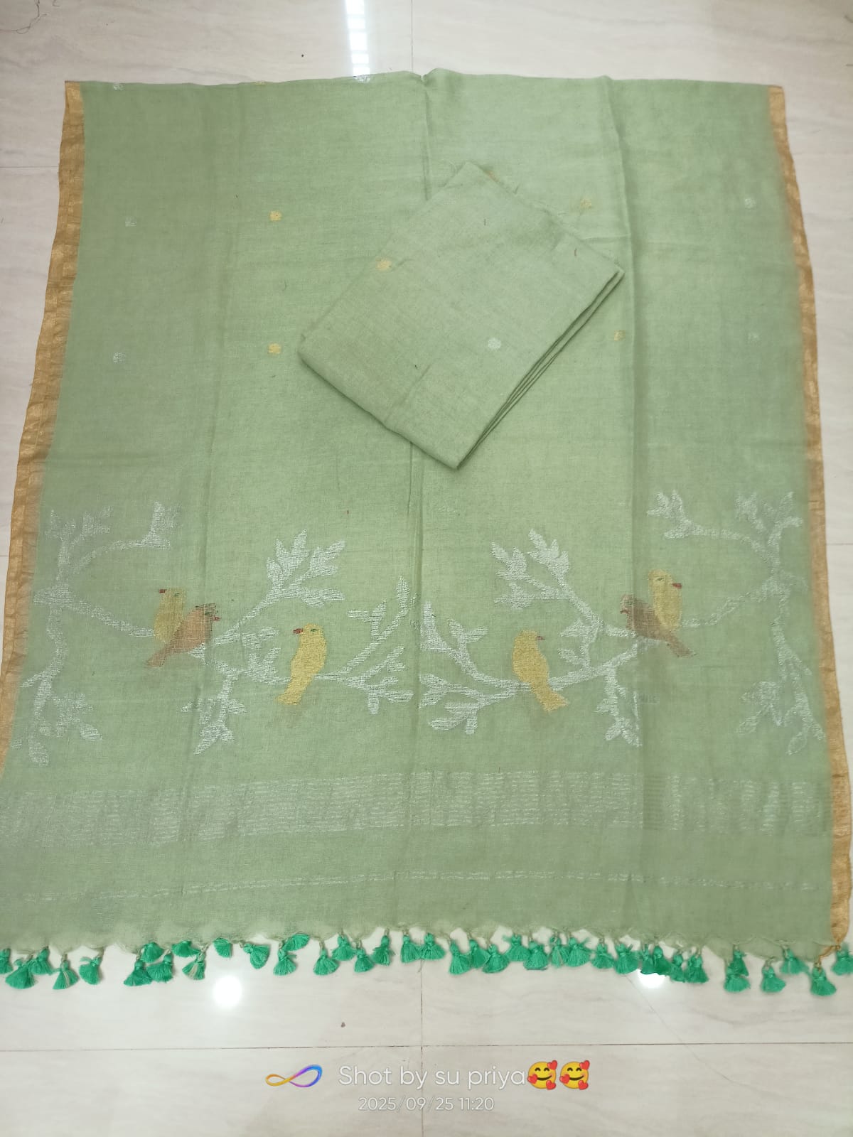 Doyel dual zari bird motif linen suit