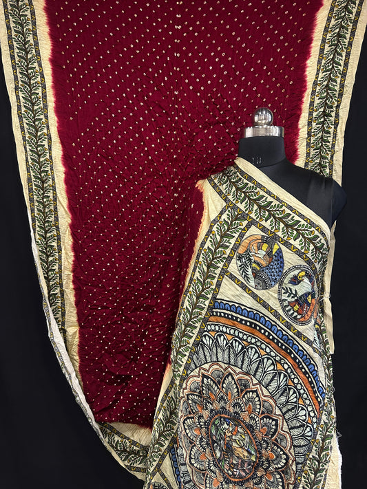 Pure Modal Silk Bandhani Saree – Kalamkari x Bandhani Fusion | Natural Block Prints