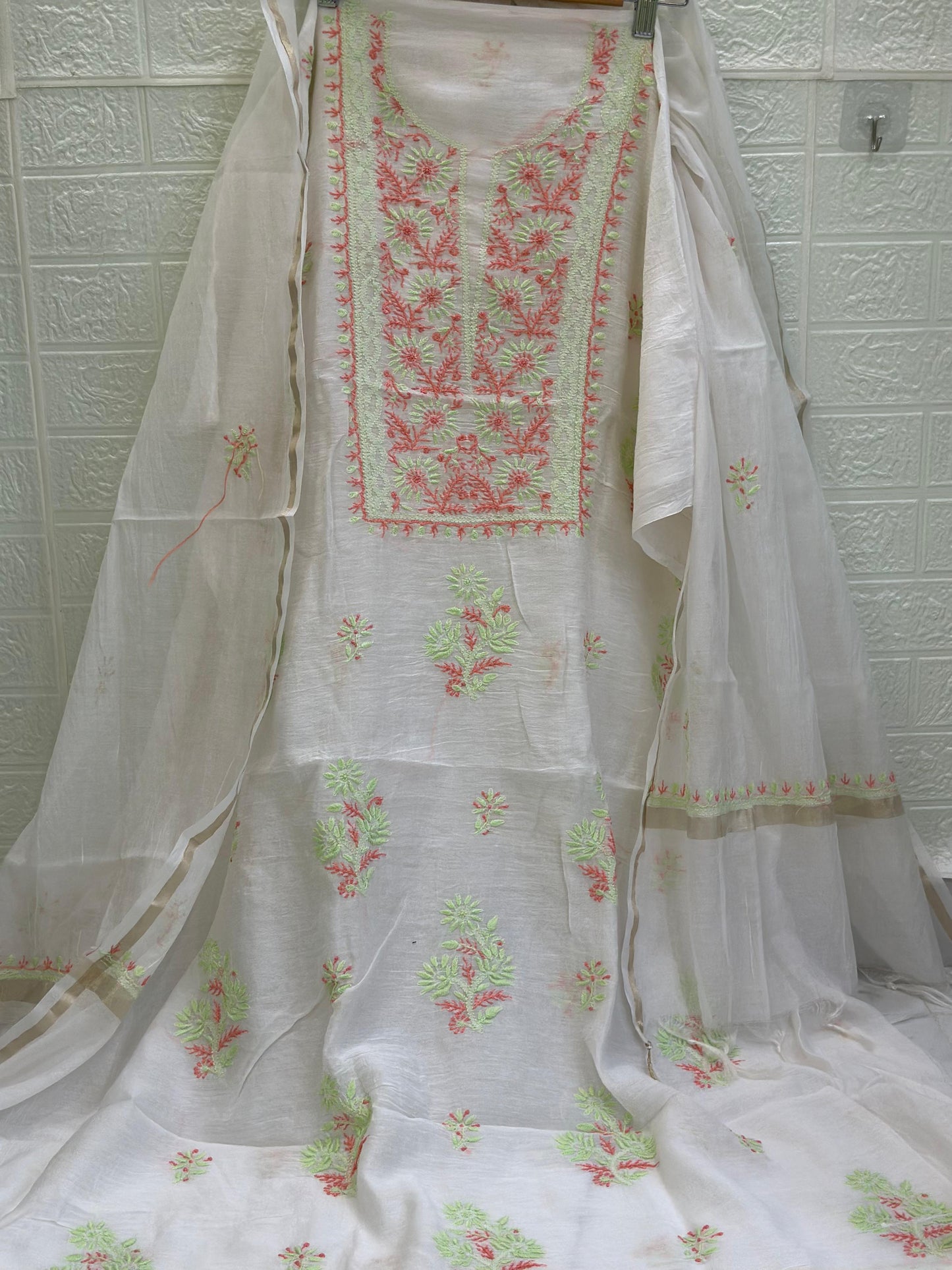 Mul Mul Chanderi Suit Set – Kurta & Dupatta | Fine Chikan Work | Colour-Dyeble Fabric