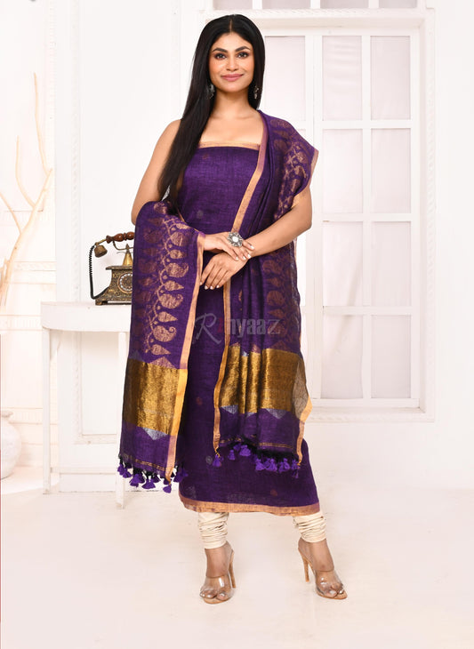 𝑲𝒂𝒏𝒂𝒏 | Pure Linen Gadwal Zari Border Tissue Palla Suits