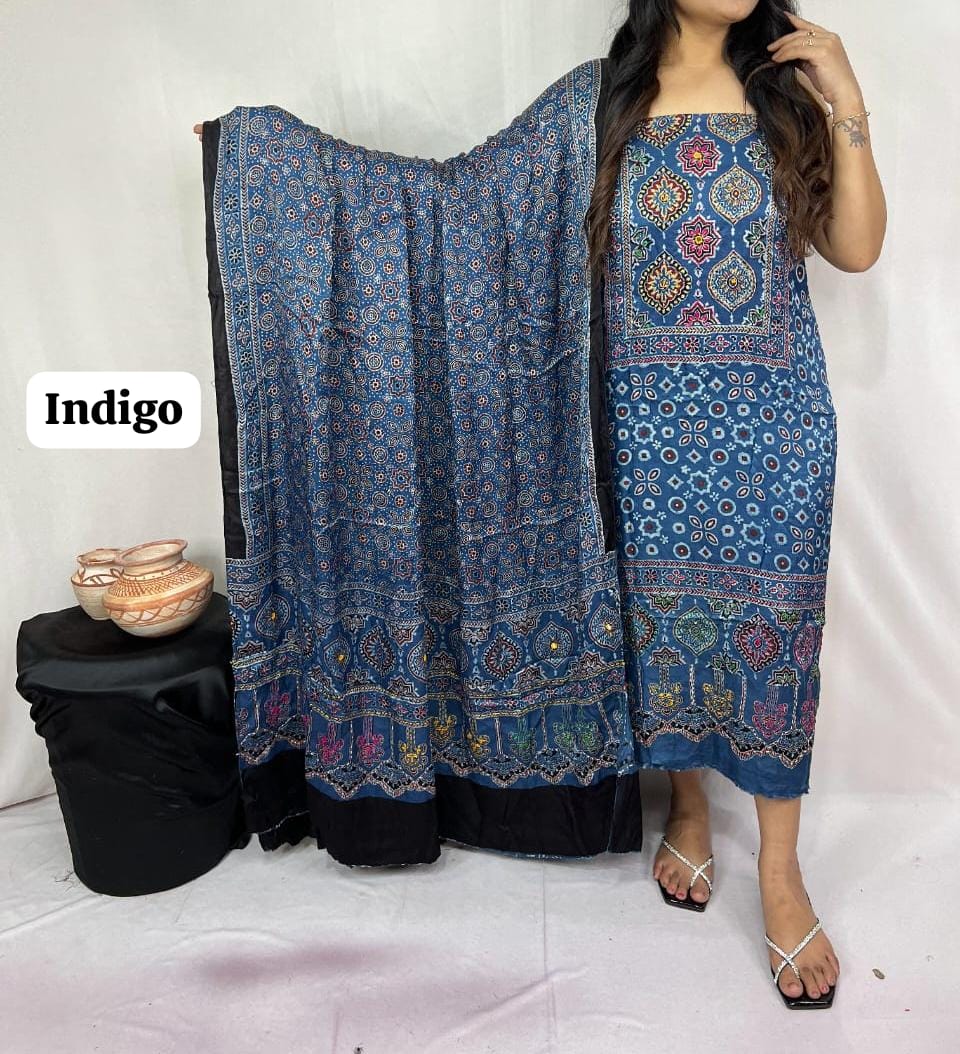 Pure Modal Silk Ajrakh Hand Block Printed Suit | Natural Dye | Premium Handcrafted Set