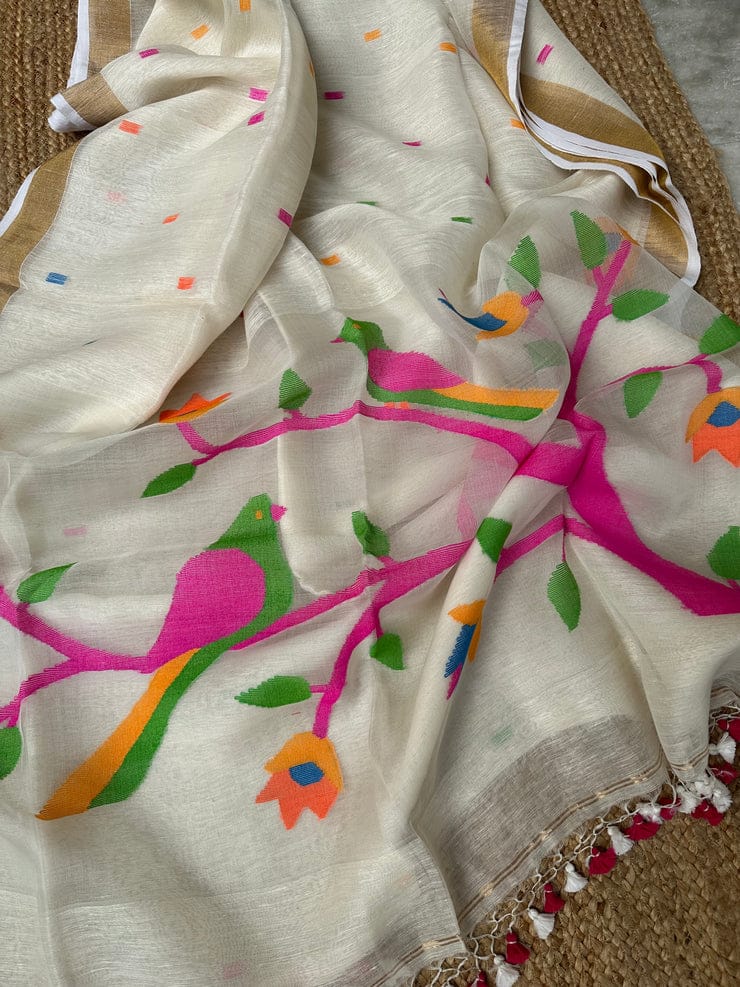 Linen Handwoven Silk Anchal Paithani Saree | Traditional Handloom Saree | Rihyaaz