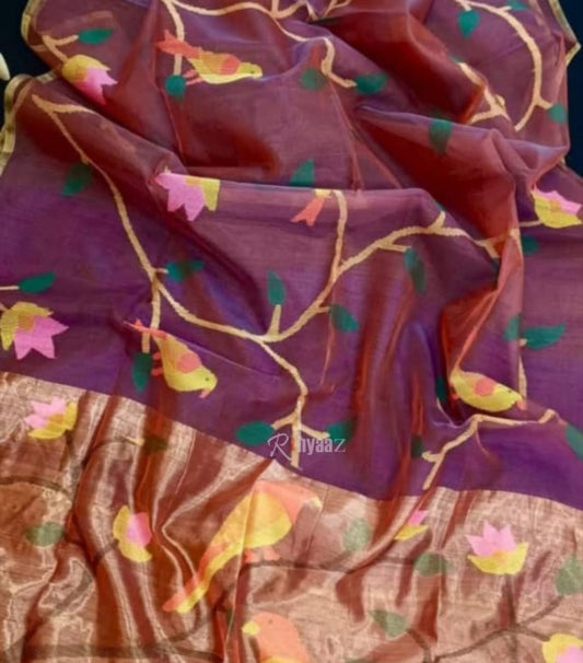 Shakuntala – All-Over Bird Embedded Floral Weaved Tissue Paithani Palla Saree