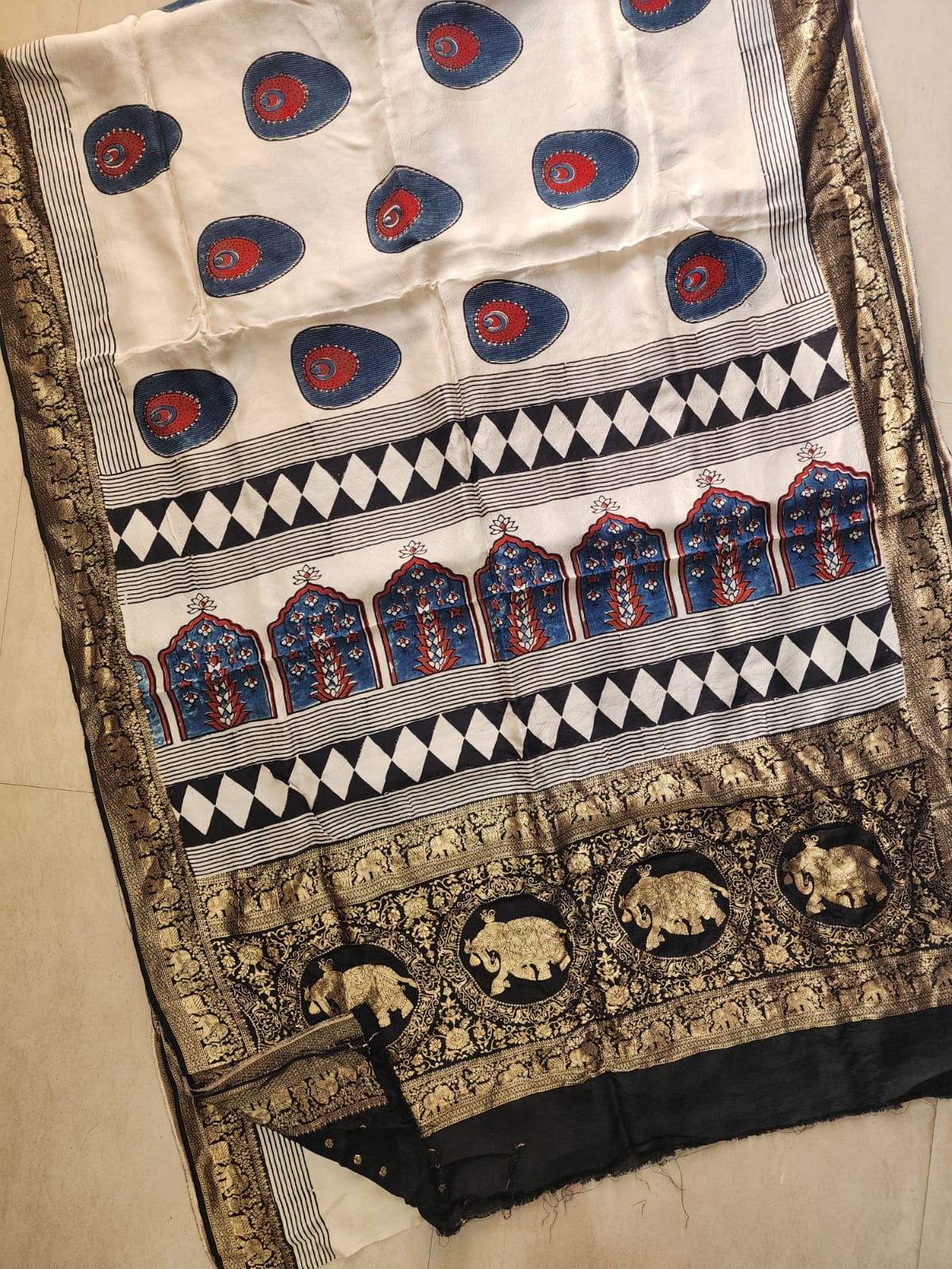 Dola Silk Rich Pallu Ajrakh Hand Block Print Saree