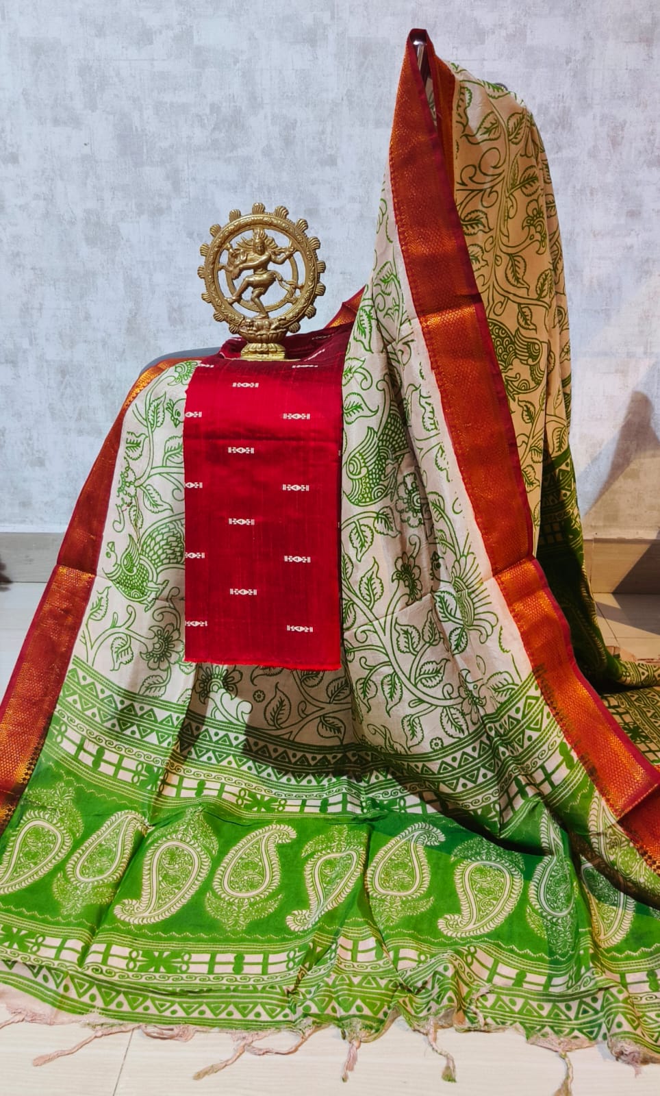 Ikkat Raw Silk Unstitched Dress Material with Kalamkari Dupatta