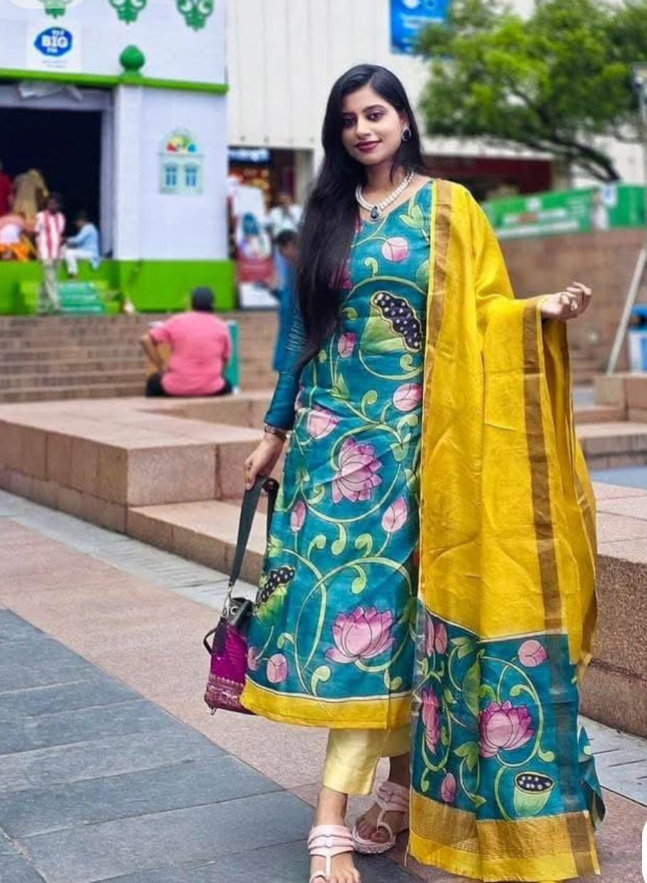 Tuli - Tussar Hand-Painted Kalamkari Suit Set | Pure Tussar Silk | Artisan Crafted