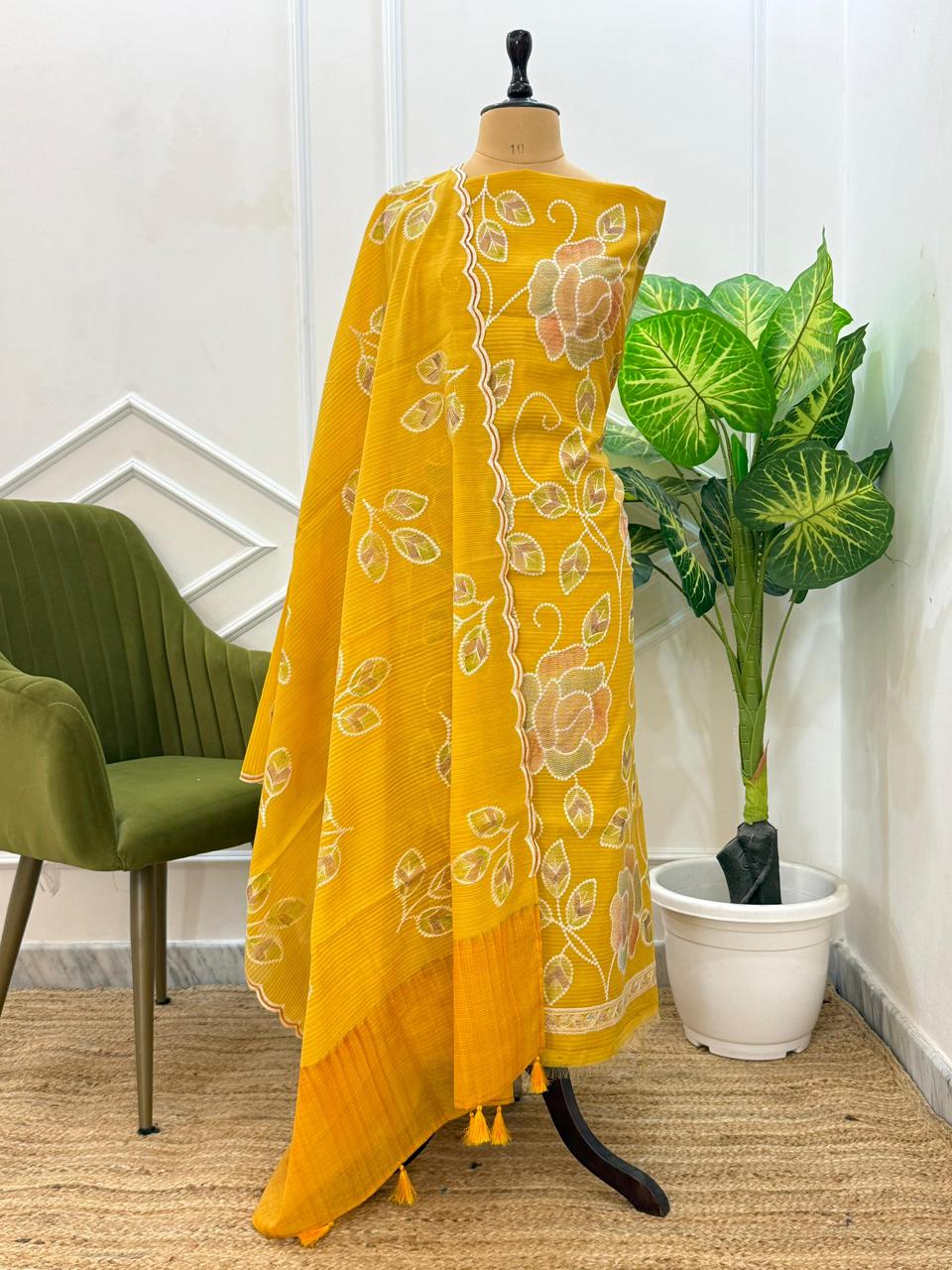 Exclusive Banarasi Unstitched Salwar Kameez in Pure Mercerised Kota Check with Embroidery Dupatta
