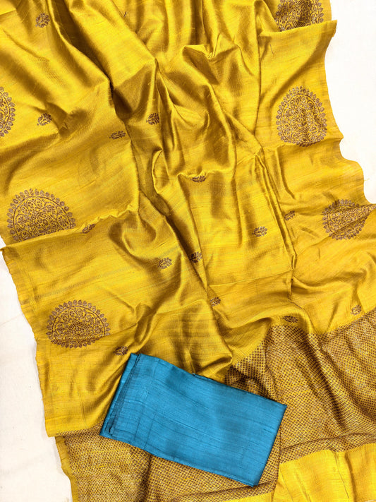 Handloom Muga Tussar Banarasi Handwoven Saree – Silk Mark Certified | Soft & Smooth Dyeble Fabric