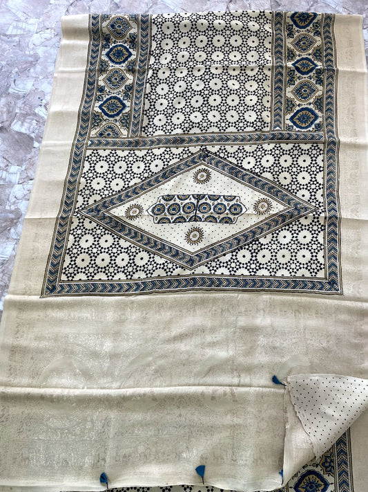 Dola Benarasi Pallu Ajrakh Hand Block Print Saree | Authentic Handloom Elegance