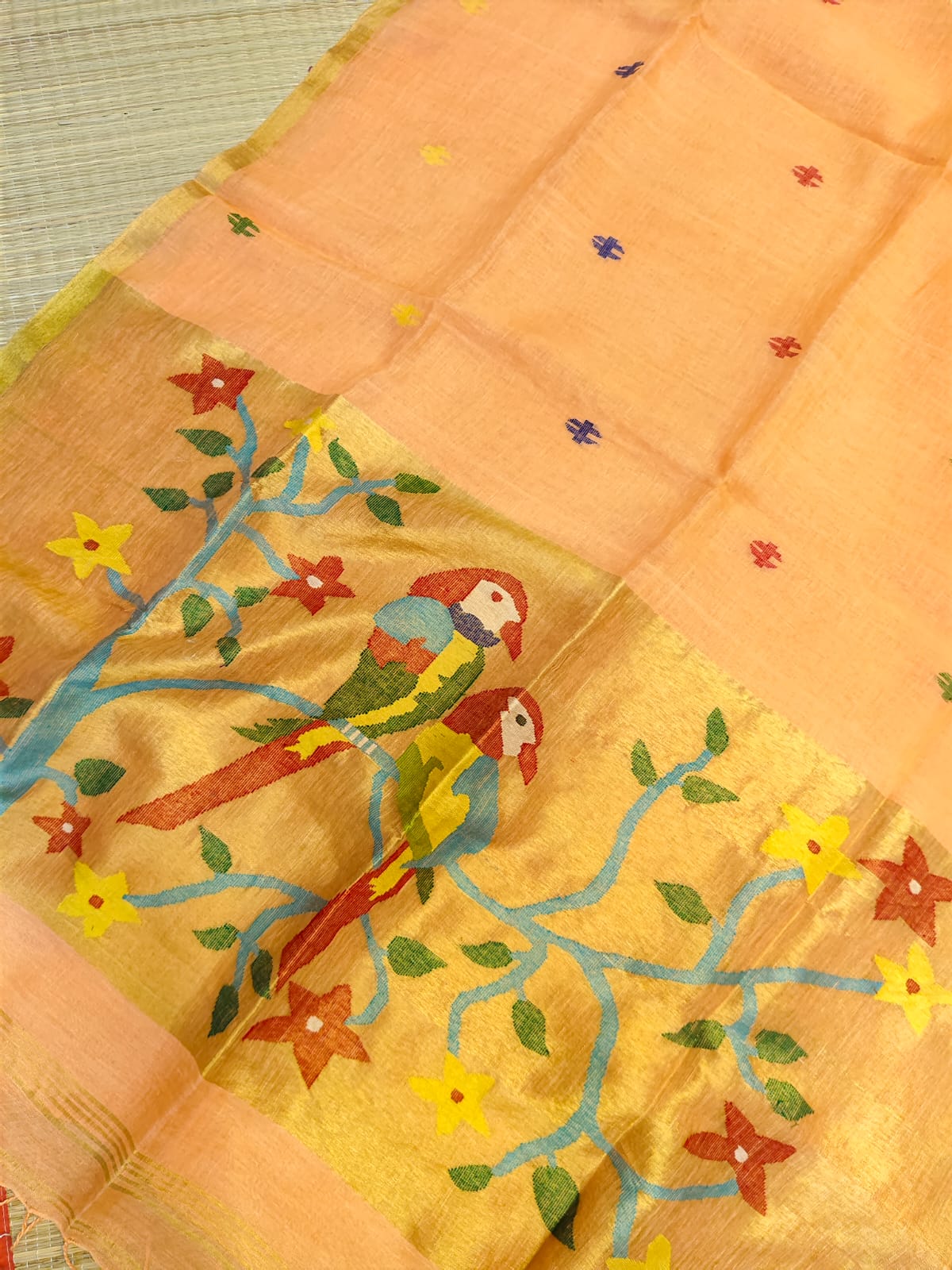 Kakatua Pure Linen Paithani Saree by Rihyaaz with matching blouse piece, elegant Paithani weave, premium linen fabric, custom colour options available, handcrafted ethnic wear.