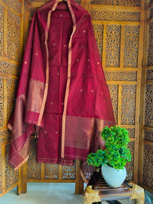 Kuheli - Pure Maheshwari Silk Suit Set | Micro Zari Checks | Floral Motif Detailing