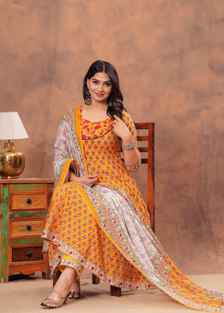 A-Line Anarkali Kurti Pant Set With Dupatta - Bagru Hand Block Printed | Pure Cotton Fabric | Customisable Sizes