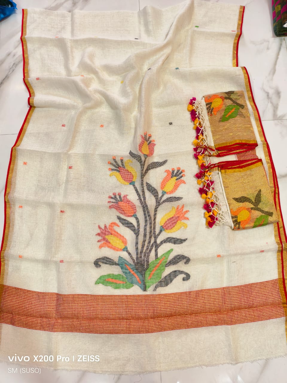 Cosmos – Floral Multicolour Weaved Jayshree Linen by Linen Jamdani Suits